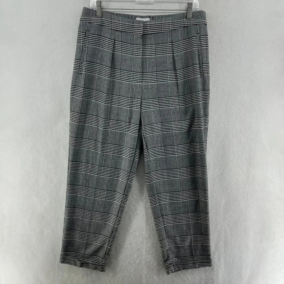 M&S Dress Pants Womens 14 Gray Black Houndstooth Plaid Academia Pleated Trouser - Picture 1 of 11